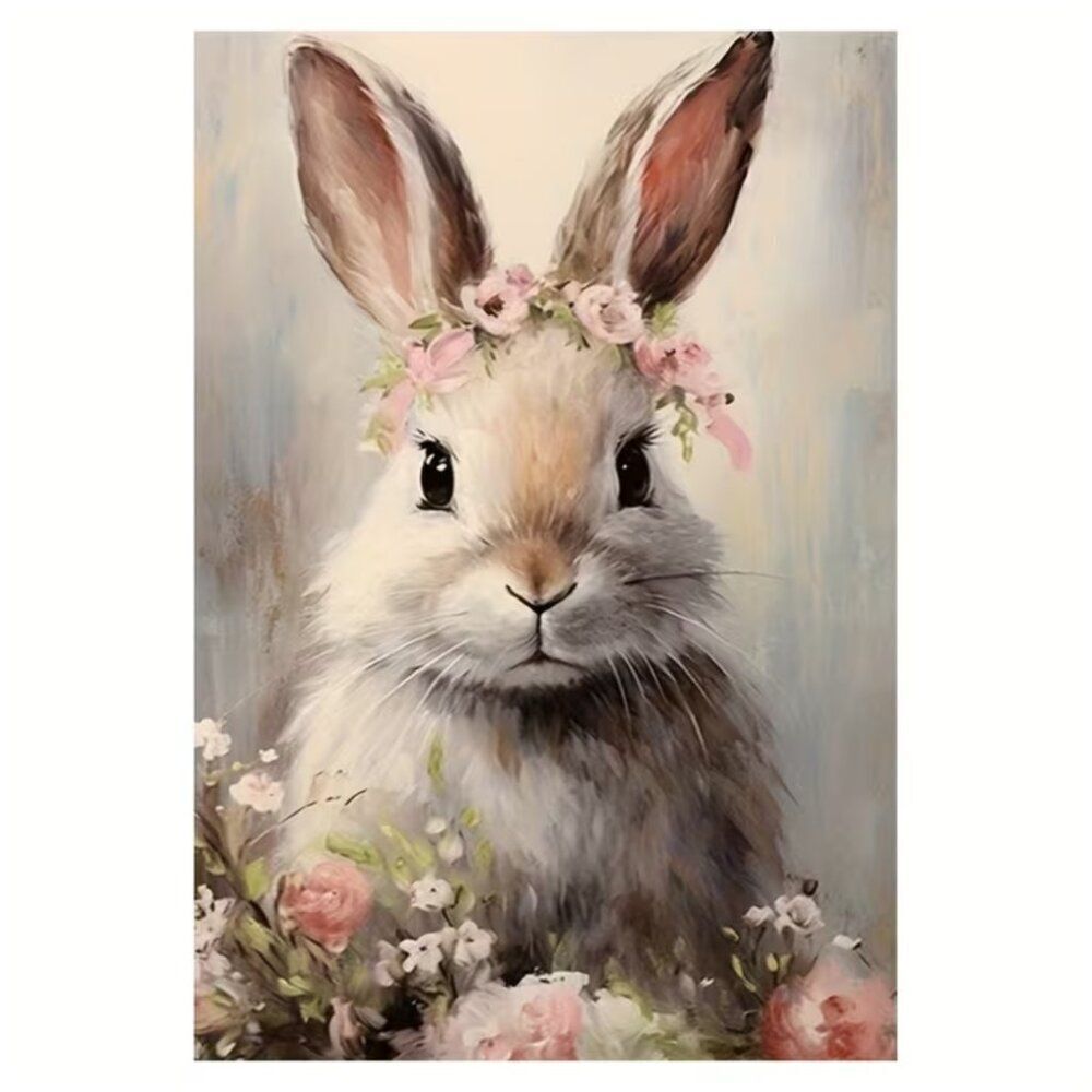 NWT Easter Bunny Canvas Print Floral Crown 12x18 Unframed